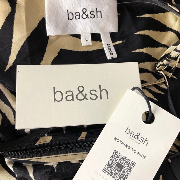 ba&sh Napi Dress Geo Print V Neck Backless Slip Midi Noir Black Tan NWT Large - Picture 9 of 15